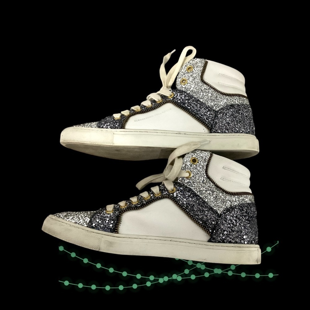 Alessandro Dell’Acqua Sneaker SZ 9 Leather Glitter White Silver Streetwear Women - Picture 5 of 12